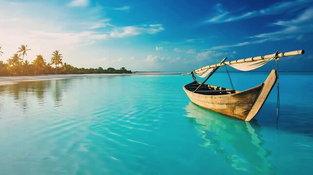 Zanzibar beach with turquoise waters and white sand at sunset, ideal for beach holidays