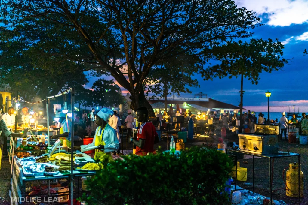 Forodhani Gardens night market with seafood and Zanzibar pizza