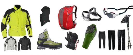 Collection of hiking boots, backpack, trekking poles, and layered clothing for mountain adventure