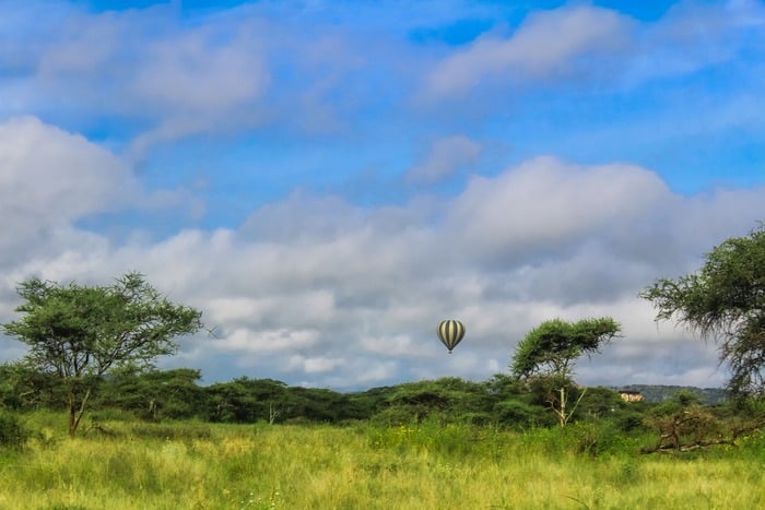 Hot air balloon safari over Serengeti showing wildlife and vast savannah landscape in Tanzania
