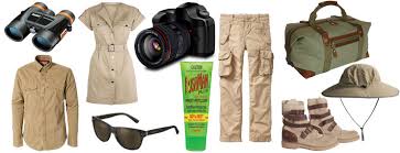 Safari packing essentials neatly arranged including clothes, shoes, hat, backpack, sunglasses, sunscreen, binoculars, and travel items for a Tanzania safari